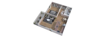 A 3D floor plan of a house with a living room, kitchen, and dining area.