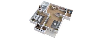 a 3d floor plan of a home with a bedroom and a living room