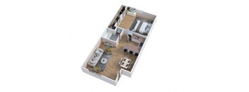 A 3D floor plan of a small apartment with a kitchen, living room, and bathroom.