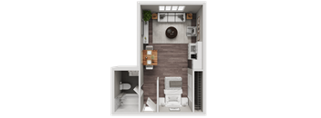 A top-down view of a small apartment with a kitchen, living room, and bathroom.