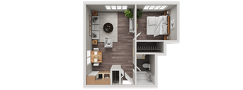 A modern kitchen with a dining area and a living room.