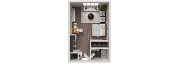 A top-down view of a small, neatly organized kitchen and dining area.