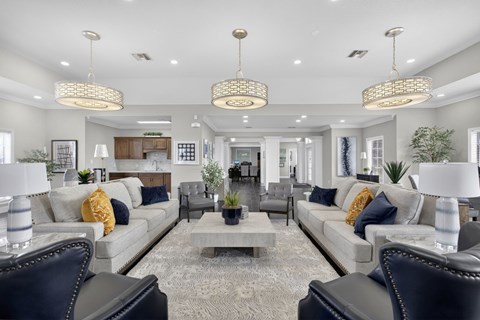A well-lit, modern living room with a grey sofa and a coffee table.