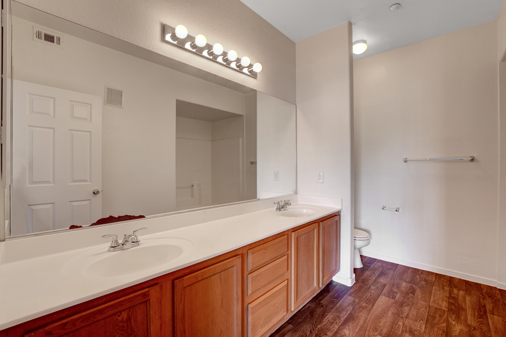 a bathroom with a large mirror and a sink and a toilet