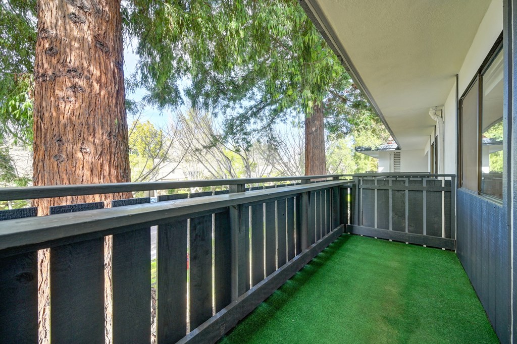 a balcony with green turf and a large tree