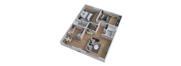 A 3D floor plan of a house with a kitchen, living room, and bedrooms.