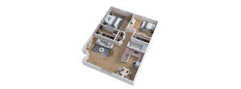 A 3D floor plan of a house with two bedrooms, a living room, a kitchen, and a bathroom.