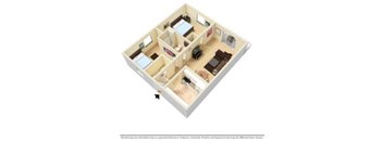 A 3D image of a house layout with a kitchen, living room, and two bedrooms.