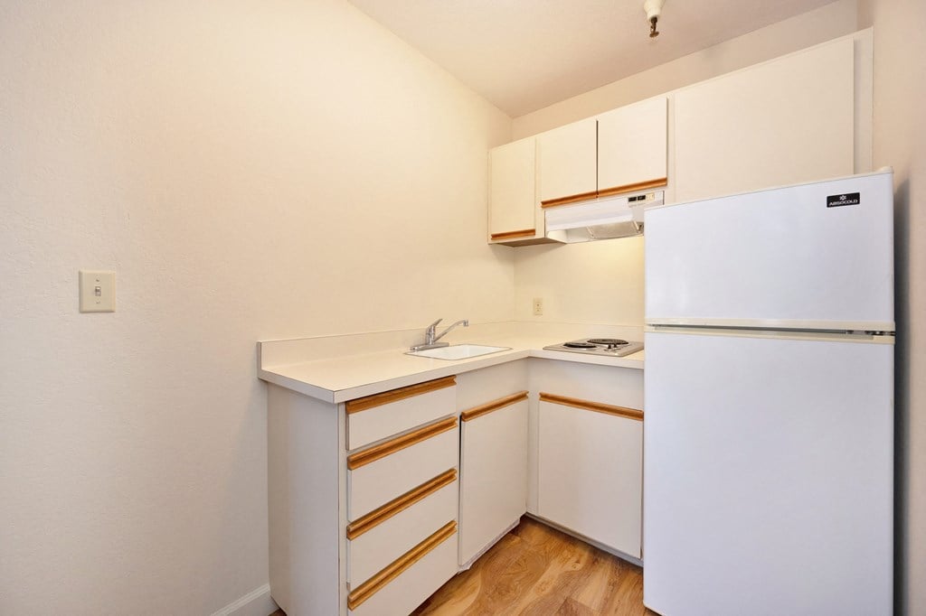 a kitchen with white appliances and white cabinets and a refrigerator