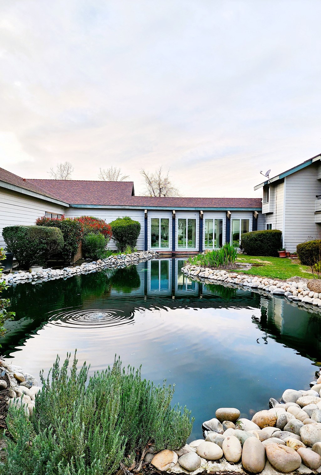 a house with a pond in front of it