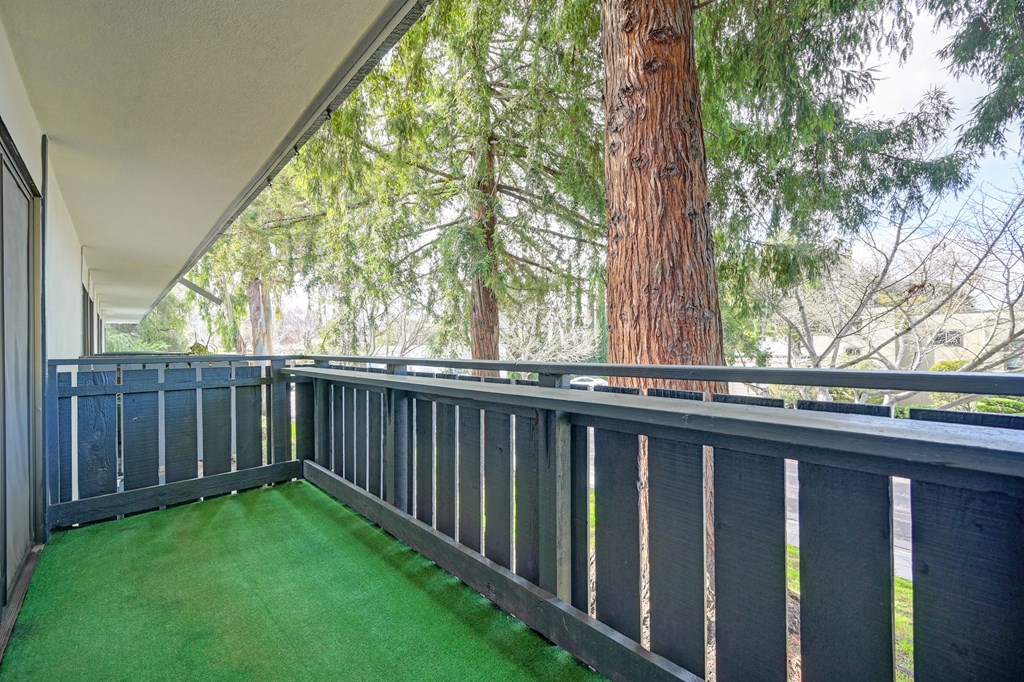a balcony with a tree and green turf