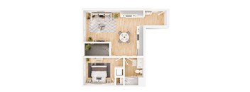 A top-down view of a modern apartment layout with a living room, kitchen, and bedroom.