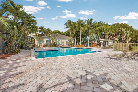 A pool surrounded by a tiled patio and palm trees.