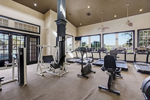 A gym with a variety of equipment including treadmills, weights, and a rowing machine.