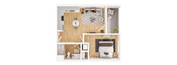 A collage of a small apartment with a kitchen, living room, and bathroom.