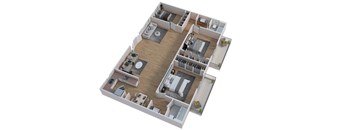 A 3D floor plan of a house with a kitchen, living room, and bedrooms.