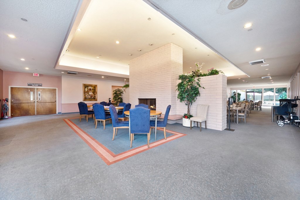 a large room with a table and chairs and a fireplace