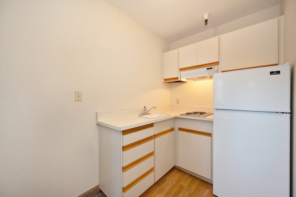 an empty kitchen with a refrigerator and a sink