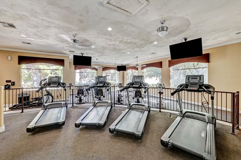 A gym with treadmills and elliptical machines.