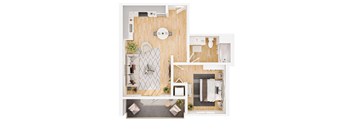 A top-down view of a small apartment layout with a kitchen, living room, and bathroom.