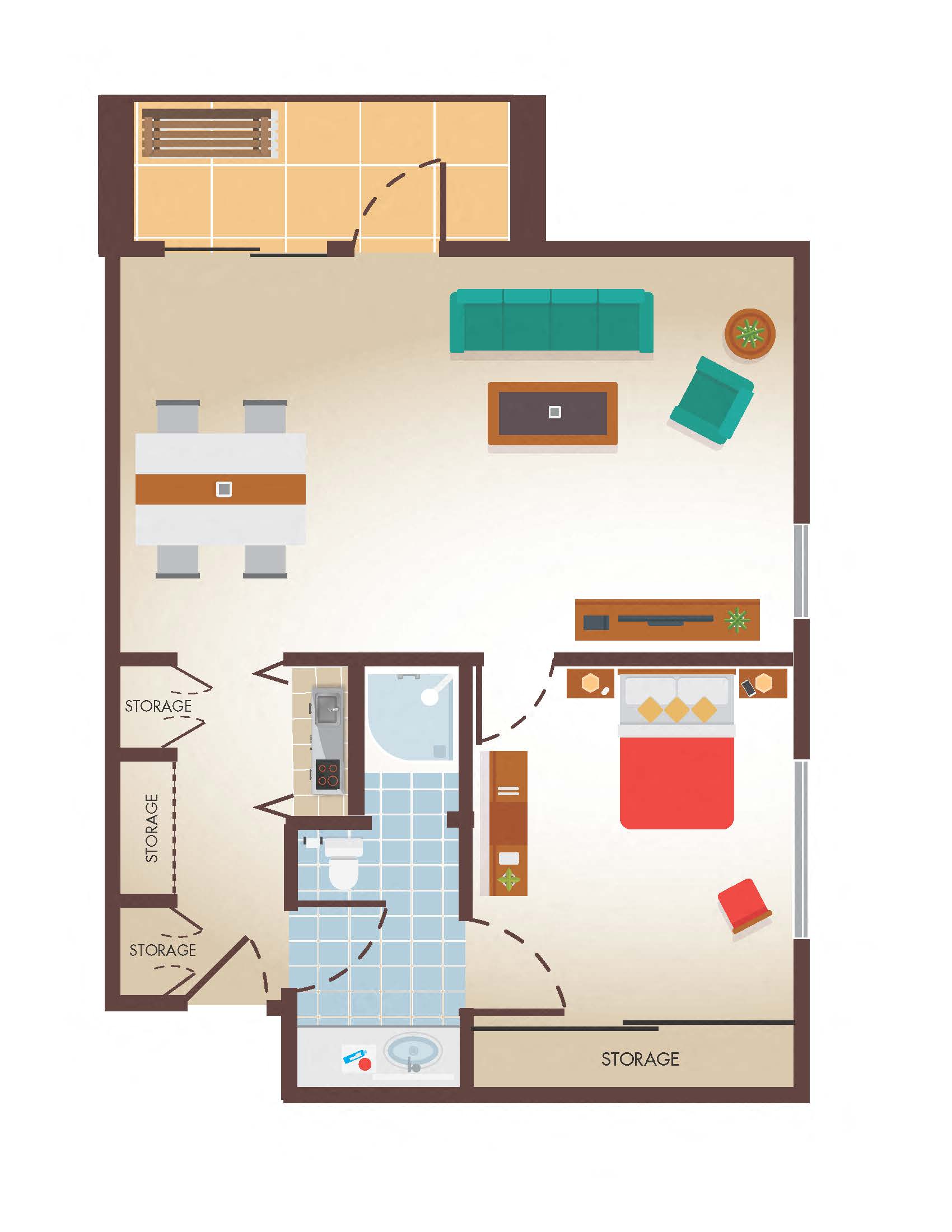 One Bedroom One Bathroom Deluxe Floor Plan at Legacy Hills at Poway, Poway, CA, 92064