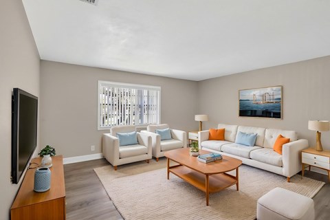 A living room with a white couch, a coffee table, and a television.