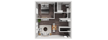 A top-down view of a small, neatly organized apartment with a kitchen, living room, and bathroom.