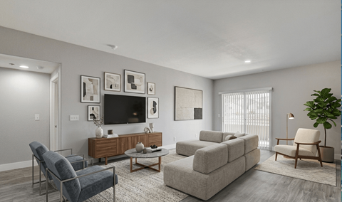 A living room with a grey couch, a blue chair, a wooden cabinet, a television, and a potted plant.