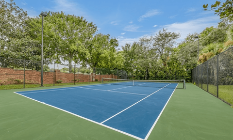 A tennis court surrounded by trees and a fence.