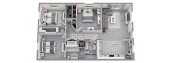 A floor plan of a house with a king bed, two bathrooms, a laundry room, and a kitchen.