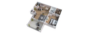 an overhead view of a bedroom with a living room and a dining room
