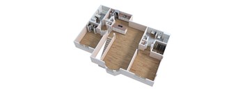 an overhead view of an open floor plan with a kitchen and living room