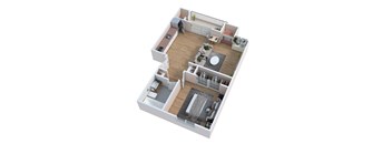 A 3D floor plan of a house with a living room, kitchen, dining room, and two bedrooms.