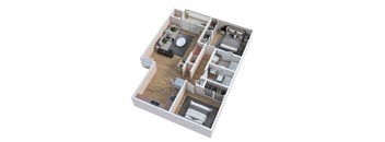A top-down view of a house interior with a living room, kitchen, and bedrooms.