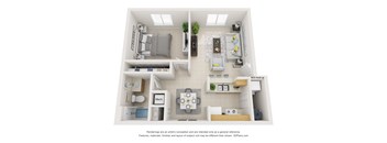 A 3D floor plan of a small apartment with a kitchen, living room, and bathroom.