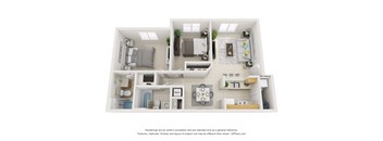 A floor plan of a small apartment with a kitchen, living room, and bathroom.