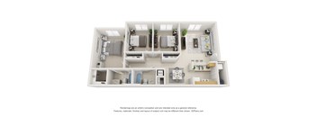A 3D floor plan of a small apartment with a kitchen, living room, and bathroom.