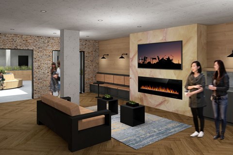 A modern living room with a fireplace and a painting on the wall.