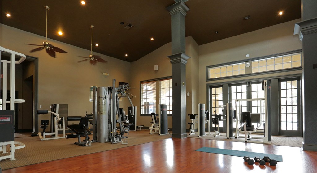 a gym with a lot of exercise equipment and windows