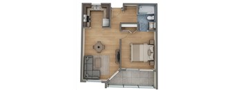 A floor plan of a small apartment with a bedroom, living room, and bathroom.
