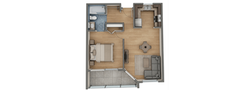A top-down view of a living room, kitchen, and bathroom.