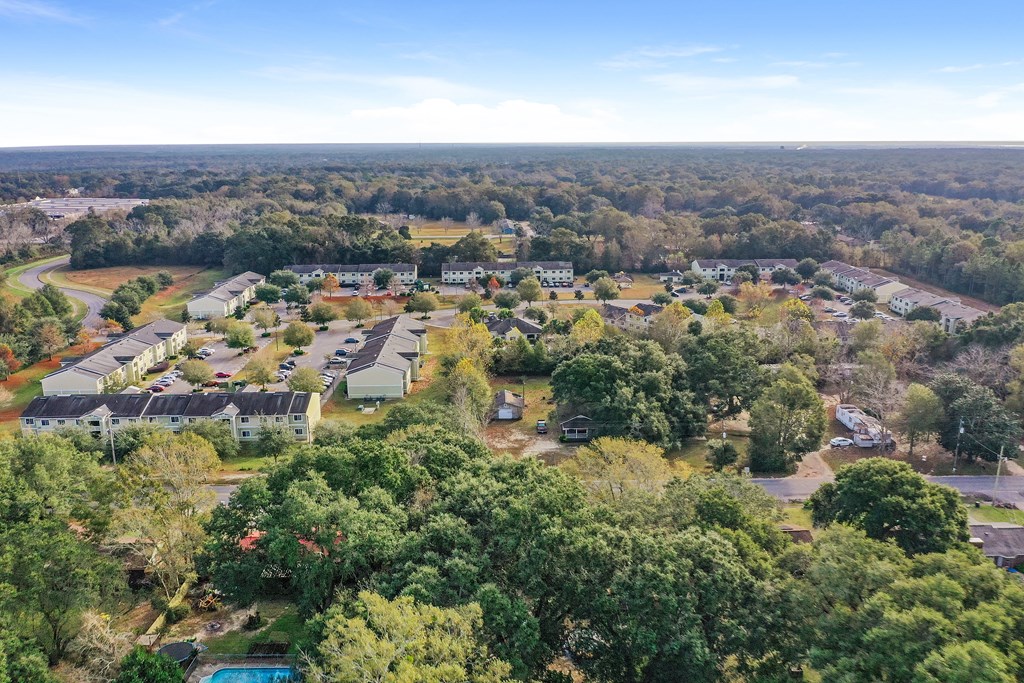 A bird's eye view of a residential area with houses and trees.