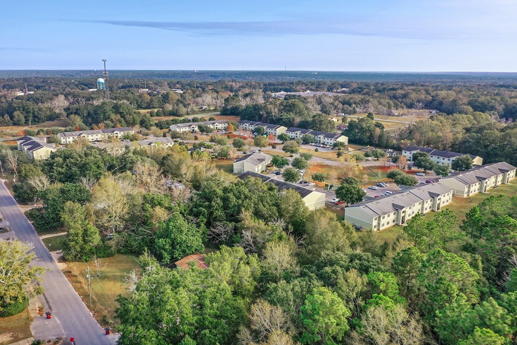 A bird's eye view of a residential area with houses and trees.