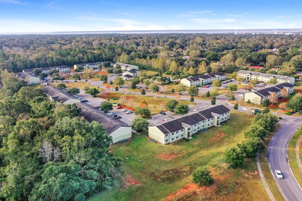A bird's eye view of a residential area with houses and trees.