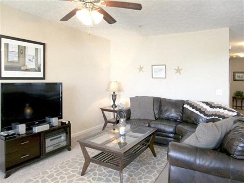 a living room with a couch and a television