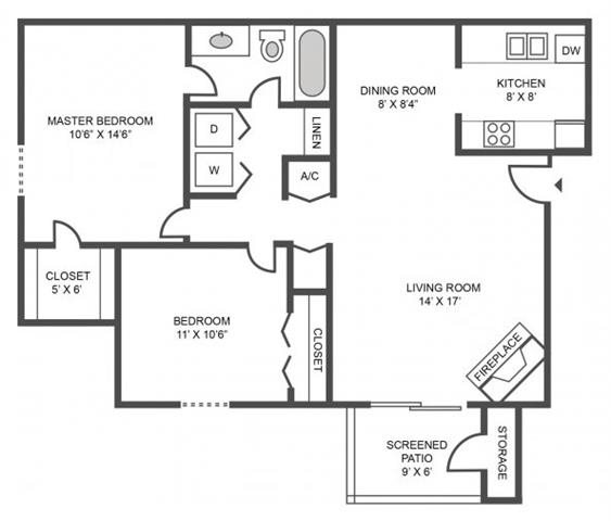 2 bed 1 bath Floor Plan 2 bed 1 bath Floor Plan at Jasmine Creek Apartments, Florida