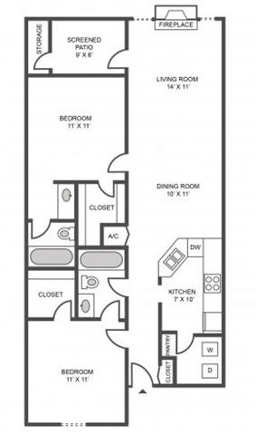 2 bed 2 bath Floor Plan 2 bed 2 bath Floor Plan at Jasmine Creek Apartments, Florida, 32514