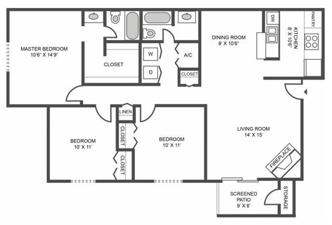 3 bed 2 bath Floor Plan 3 bed 2 bath Floor Plan at Jasmine Creek Apartments, Pensacola, FL, 32514