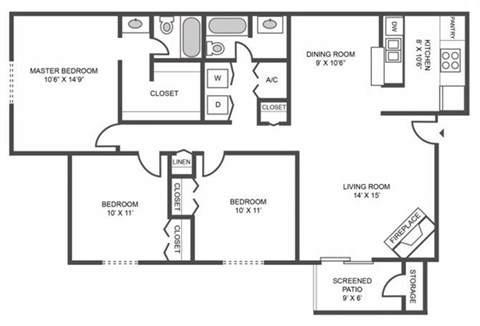 3 bed 2 bath Floor Plan at Jasmine Creek Apartments, Pensacola, FL, 32514