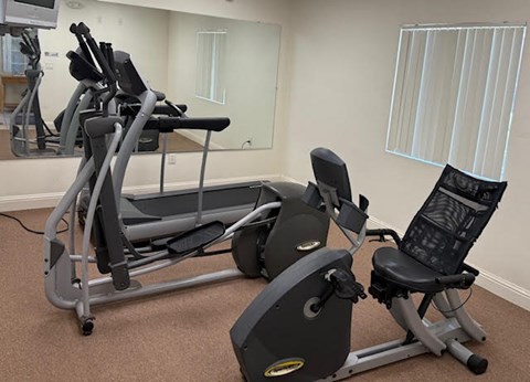 A gym with a treadmill, elliptical trainer and a stationary bike.